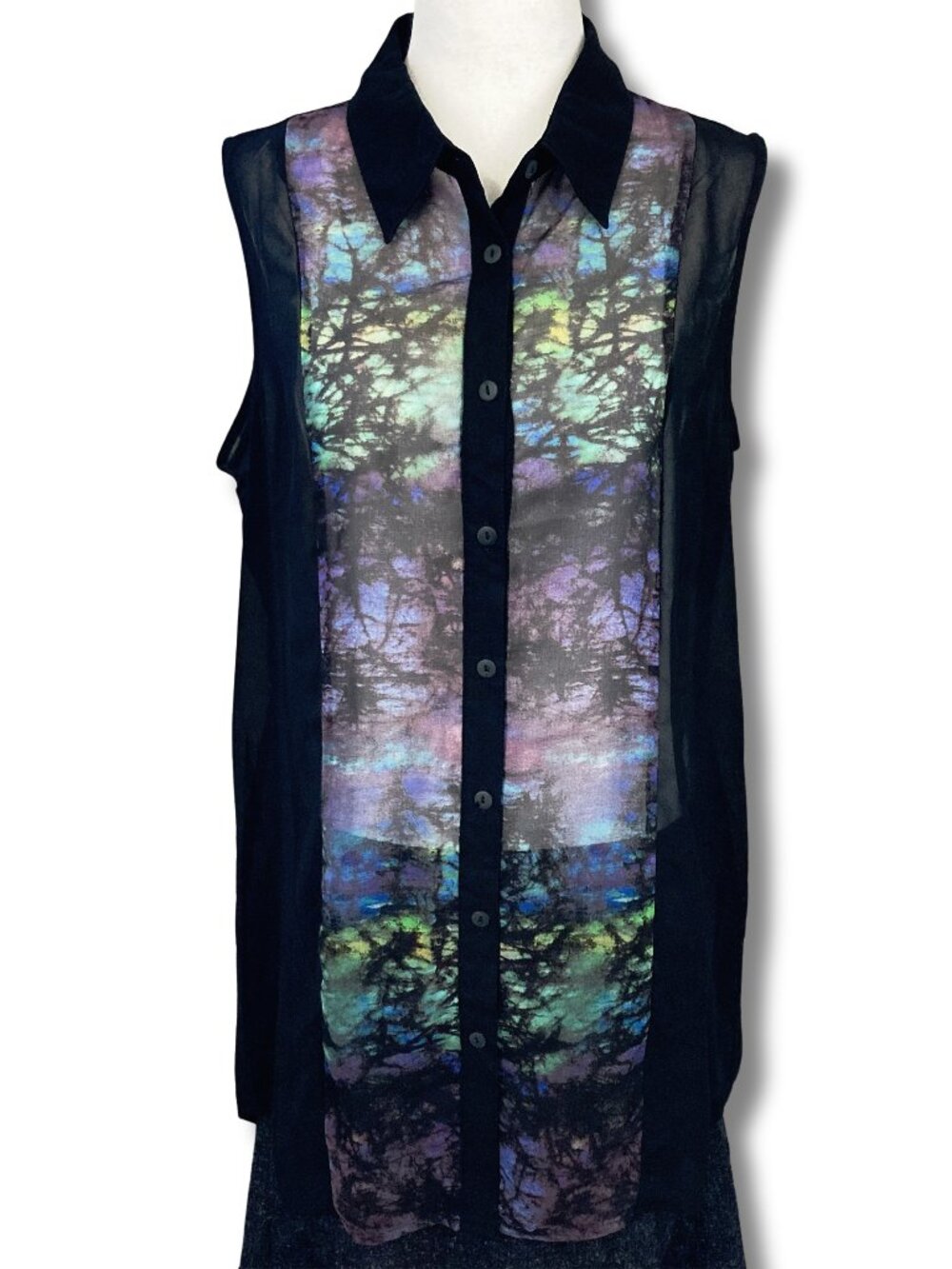 FYLO Sheer black sleeveless crystal-like pattern high-low hem shirt MEDIUM LARGE